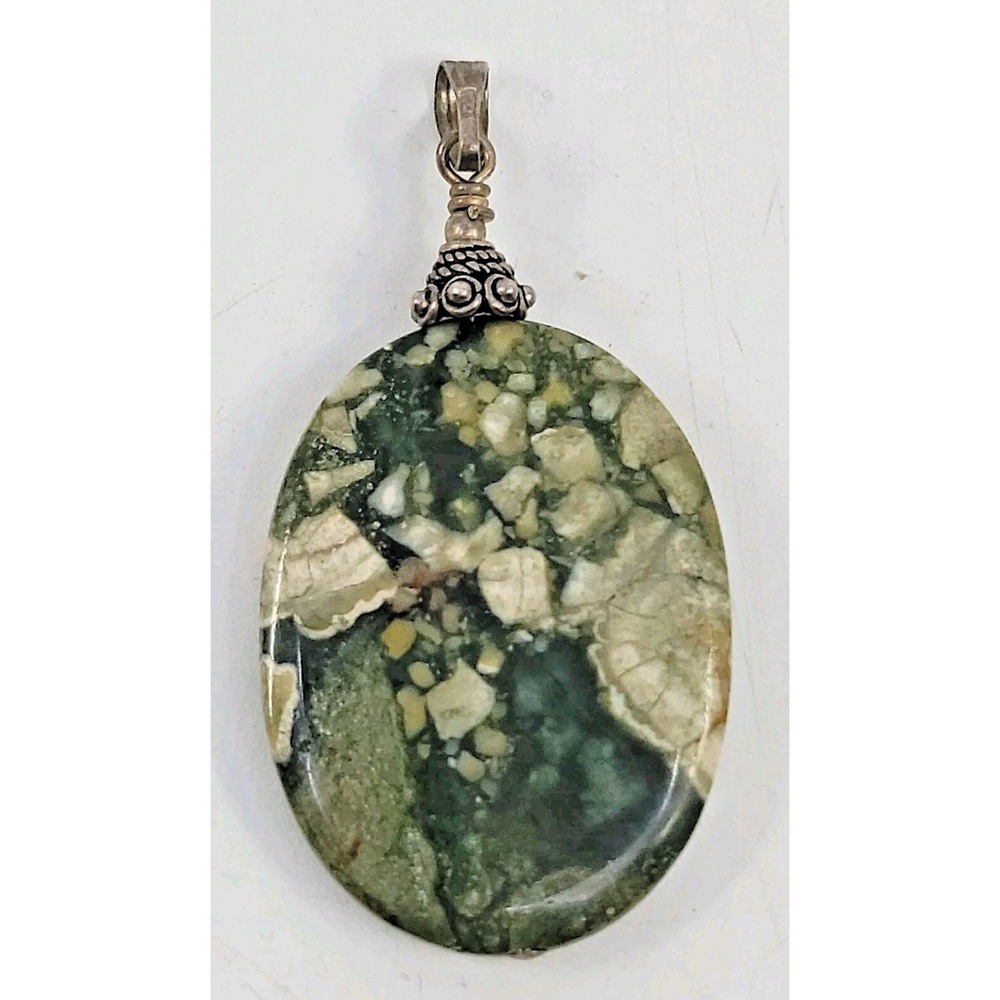 Sterling Silver Rainforest Jasper Natural Polished Stone Necklace Pendant Charm